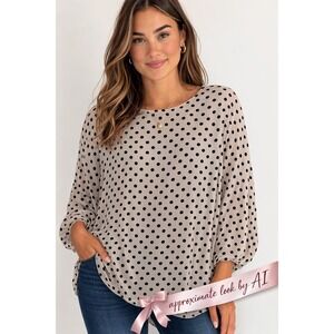 Adrianna Papell Womens Polka Dot Blouse Cream Black Long Sleeve Keyhole Top L